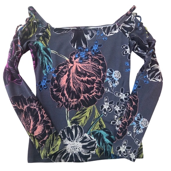 Guess Tops - GUESS Y2K Dark Floral Lace Up Whimsigoth Long Sleeve Top Mystical Fairycore‎